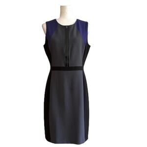 Tahari ASL Dress Career Sheath Knee Length Sleeveless Black Gray Color Block 8